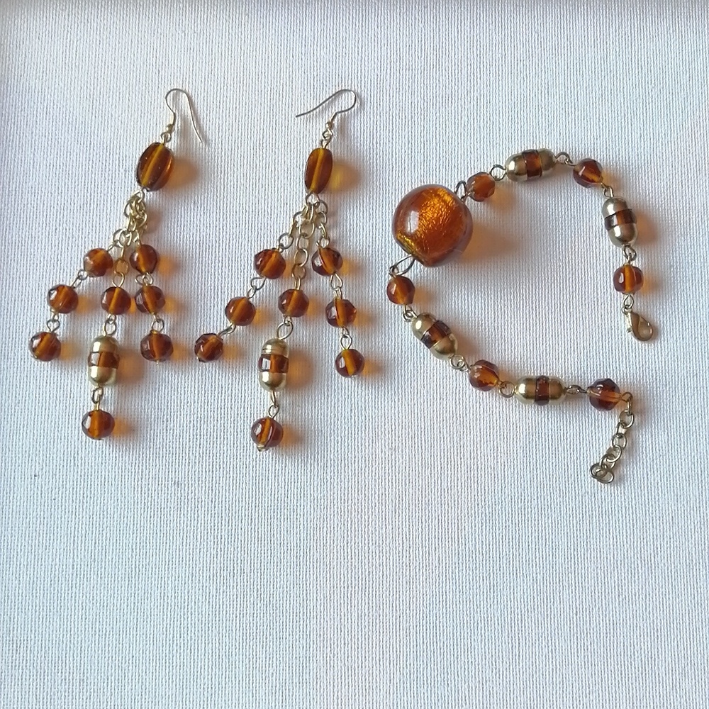 Vintage Artisan Bracelet Earrings Set Faux Amber Root Beer Art Glass Beads